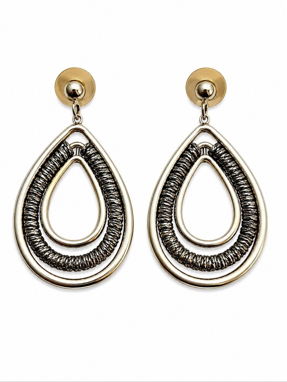 Vintage Metallic Triple Teardrop Spinning Orbital Dangle Post Earrings
